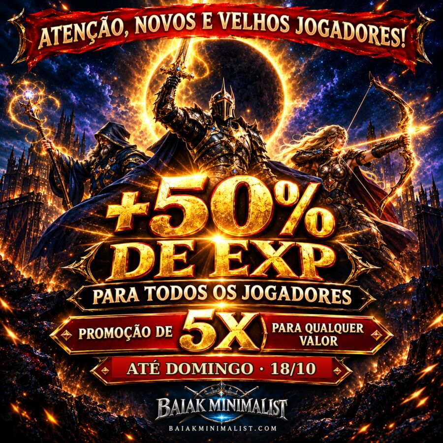 Aten&ccedil;&atilde;o, novos e velhos jogadores: +50% de EXP para todos e promo&ccedil;&atilde;o de 5x para qualquer valor, at&eacute; domingo 18/10